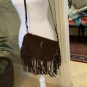 YSL Saint Laurent brown suede fringe long strap wallet on string